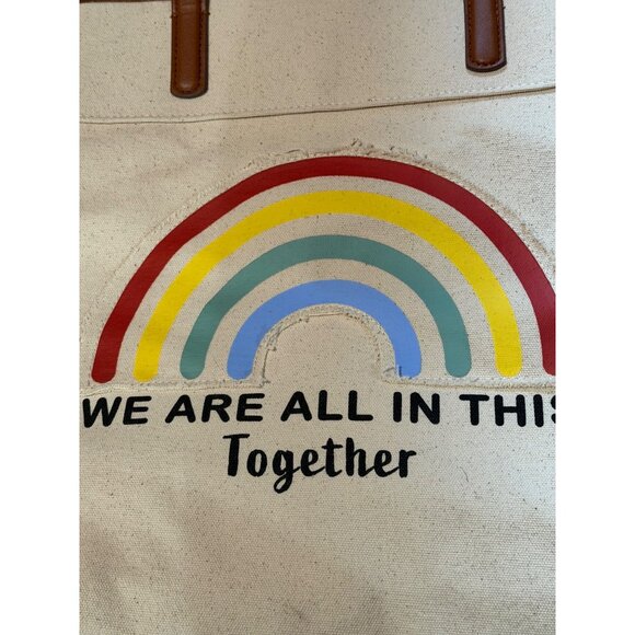 NWD Time Tru We Are All In This Together Canvas Beige Tote Bag Rainbow Positive - Picture 6 of 10